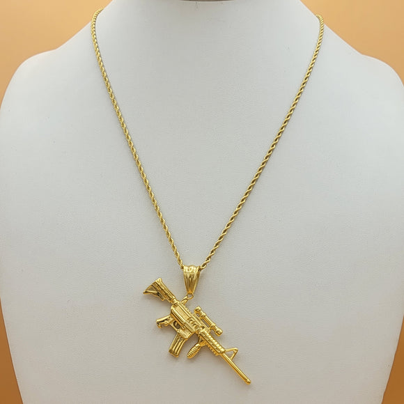 Necklace - Stainless Steel Gold Plated. Gun Fashion Pendant. (Optional Pendant Only) *Premium Q*