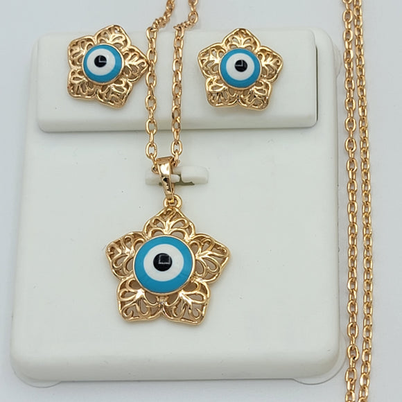 CLOSEOUT* Sets - 18K Gold Plated. Flower. Blue Eyes. Necklace - Pendant *Premium Q*