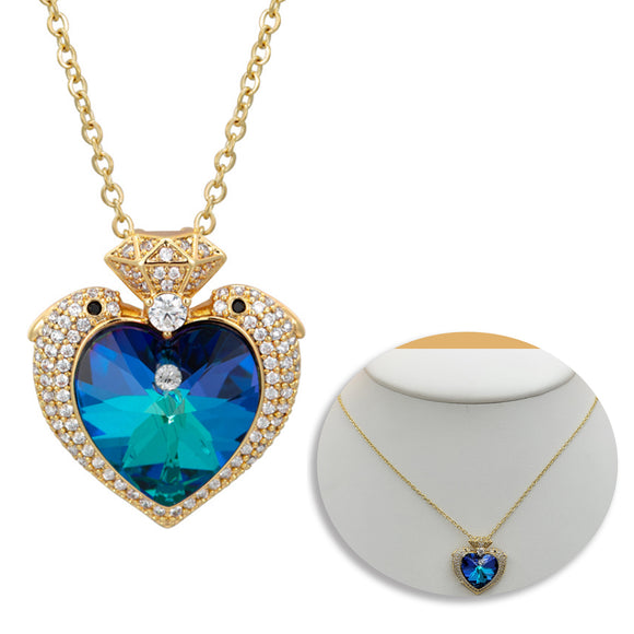 Necklace - 14K Gold Plated. Dolphins - Blue Heart.  *Premium Q*