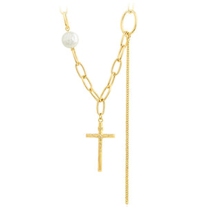 Necklace - 14K Gold Plated. Fancy Clip Chain with Cross pendant. *Premium Q*