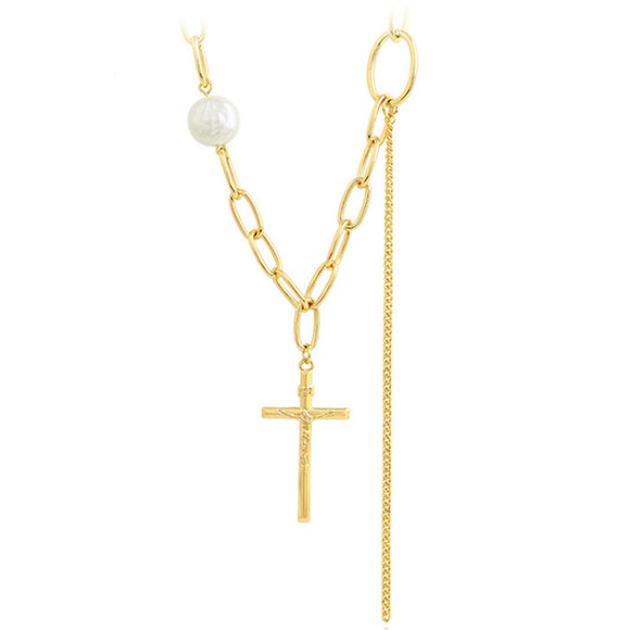 Necklace - 14K Gold Plated. Fancy Clip Chain with Cross pendant. *Premium Q*