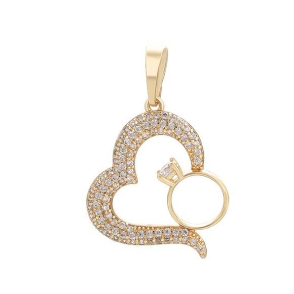 Pendants - 14K Gold Plated. Engagement Ring Heart with crystals. *Premium Q*