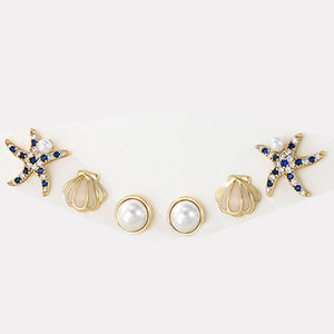 Earrings - 14K Gold Plated. Shell Starfish Pearl. Ocean Themed Set