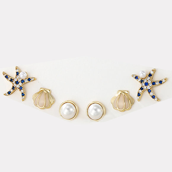 Earrings - 14K Gold Plated. Shell Starfish Pearl. Ocean Themed Set