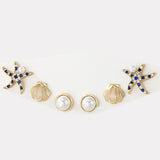 Earrings - 14K Gold Plated. Shell Starfish Pearl. Ocean Themed Set