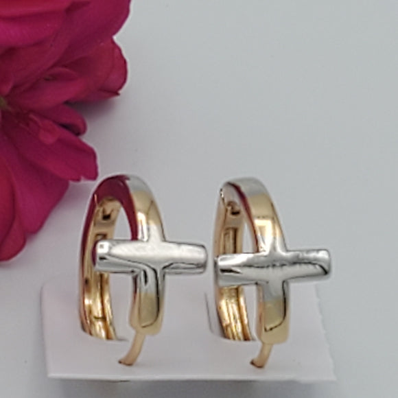 CLOSEOUT* Earrings - Two Color Gold Plated. Cross Huggies Earrings. *Premium Q*