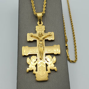CLOSEOUT* Necklace - Stainless Steel Gold Plated. CARAVACA Crucifix Cross. *Premium Q*