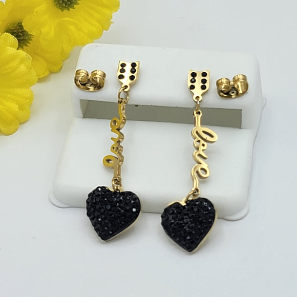 Earrings - Stainless Steel. 14K Gold Plated. Black Heart - Love. *Premium Q*