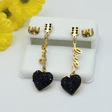 Earrings - Stainless Steel. 14K Gold Plated. Black Heart - Love. *Premium Q*