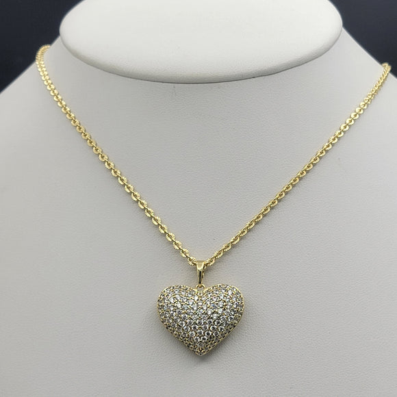 Necklace - 14K Gold Plated. Puffed Heart with crystals. (Optional Pendant Only) *Premium Q*
