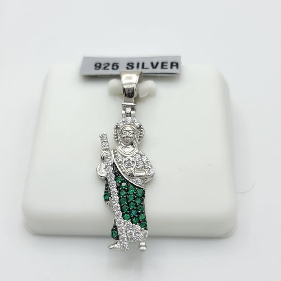 Pendants - 925 Sterling Silver. Saint Jude Statue. CZ Green Crystals.
