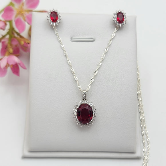 Sets - Sterling Silver 925.  CZ Oval Pendant - Red Color.