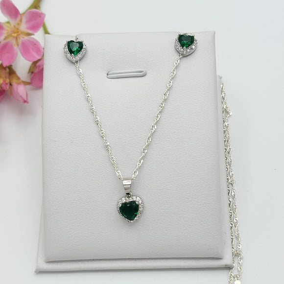 Sets - Sterling Silver 925.  CZ Green Heart - Emerald Color.