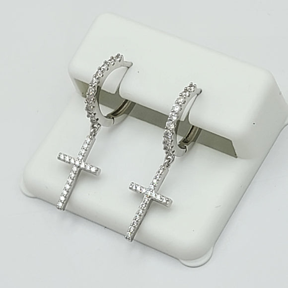 Earrings - 925 Sterling Silver. CZ Cross Hoops.