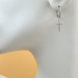 Earrings - 925 Sterling Silver. CZ Cross Hoops.