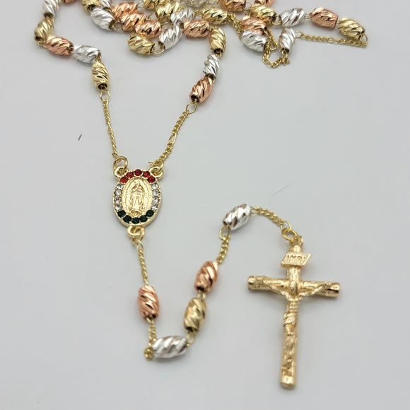 Rosary - Tri Color Gold Plated. Our Lady of Guadalupe. Virgen Guadalupe. Oval Multicolor.