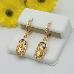 Earrings - 14K Gold Plated. Our Lady of Guadalupe Dangle Hoops.