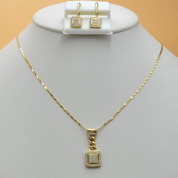 Sets - 14K Gold Plated. Icy Square Necklace - Earrings - Set. *PremiumQ*