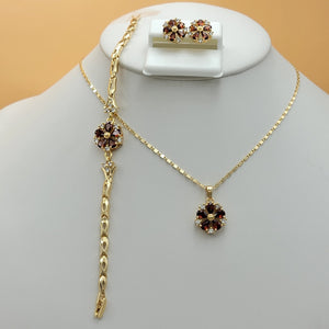 Sets - 14K Gold Plated.  Red Fire Crystals Flower.  Chain - Bracelet - Earrings.