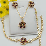 Sets - 14K Gold Plated.  Red Fire Crystals Flower.  Chain - Bracelet - Earrings.