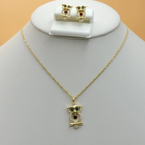 Sets - 14K Gold Plated. Movable crystal. Owl. Necklace - Earrings - Set. *PremiumQ*