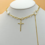 Necklace - 14K Gold Plated. Fancy Clip Chain with Cross pendant. *Premium Q*