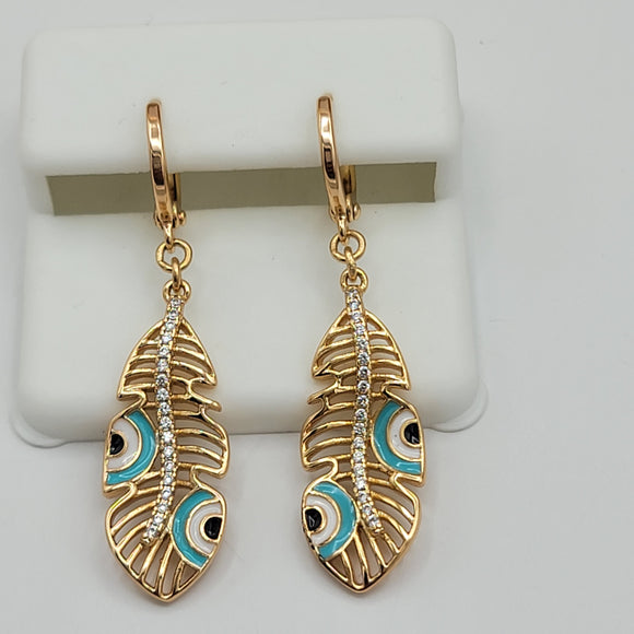 Earrings - 18K Gold Plated. Feather Evil Eye. *Premium Q*