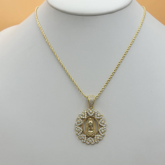 Necklace - 14K Gold Plated. Virgen Guadalupe Icy Hearts Medal. (Optional Pendant Only) *Premium Q*