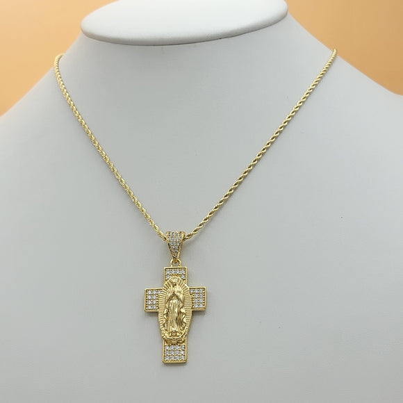 Necklace - 14K Gold Plated. Virgen Guadalupe Icy Cross Pendant. (Optional Pendant Only) *Premium Q*