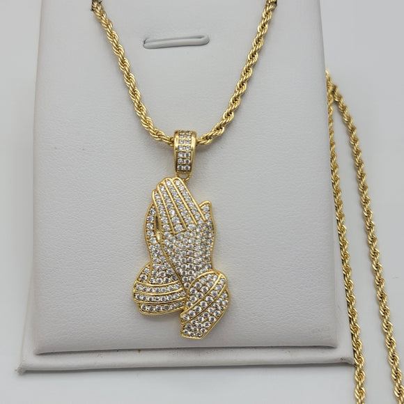 Necklace - 14K Gold Plated. Praying Hands Icy Pendant. (Optional Pendant Only) *Premium Q*