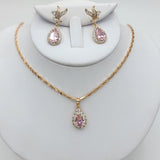 Sets - 18K Gold Plated. Pink Crystal Drop - Pendant - Chain - Earrings *Premium Q*