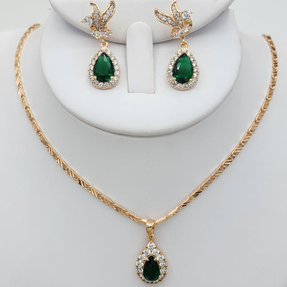 Sets - 18K Gold Plated. Green Crystal Drop - Pendant - Chain - Earrings *Premium Q*