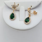 Sets - 18K Gold Plated. Green Crystal Drop - Pendant - Chain - Earrings *Premium Q*