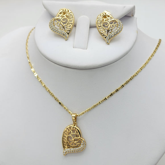 Sets - 14K Gold Plated. Greek Design Heart - Chain - Earrings Set. *Premium Q*