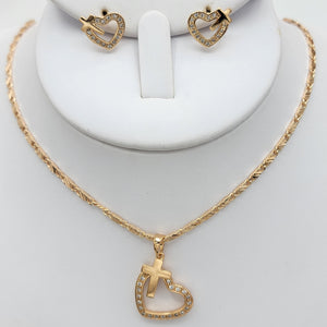 CLOSEOUT* Sets - 18K Gold Plated. Clear Crystals Heart w Cross. Necklace - Pendant *Premium Q*