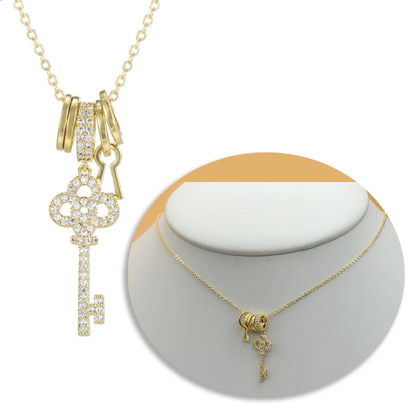 Necklace - 14K Gold Plated. CZ Key Pendant & Chain. Llave *Premium Q*