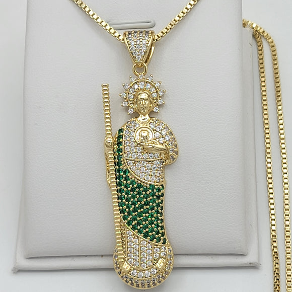 Necklace - 14K Gold Plated. Saint Jude. Green Crystals. San Judas. (Optional Pendant Only). Premium Q