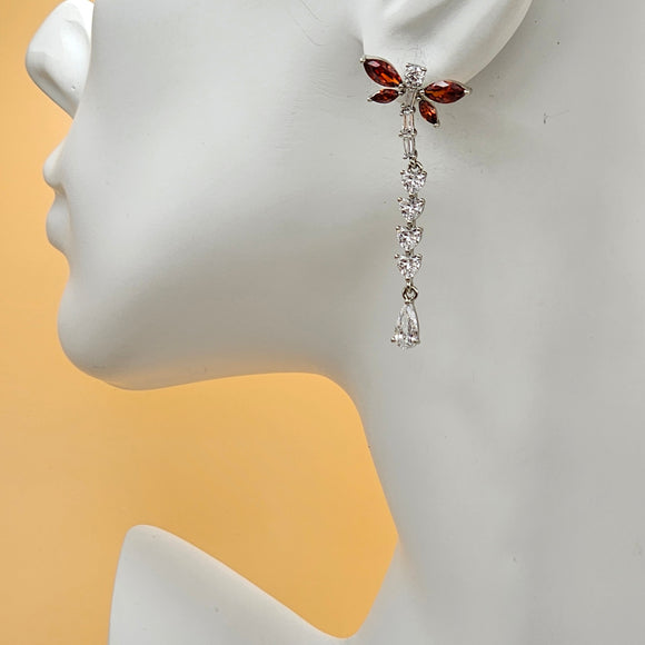 Earrings - Rhodium Plated. Orange Fire Crystals Butterfly Long Earrings. *Premium Q*
