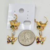Earrings - 14K Gold Plated. Butterfly Long Earrings. Multicolor Crystals.