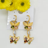 Earrings - 14K Gold Plated. Butterfly Long Earrings. Multicolor Crystals.