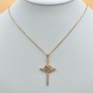 Necklace - 18K Gold Plated. Linked Hearts Cross Pendant & Chain. *Premium Q*