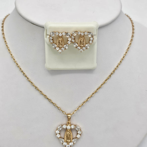 Sets - 18K Gold Plated. Our Lady Guadalupe. Heart Necklace - Pendant - Earrings *Premium Q*