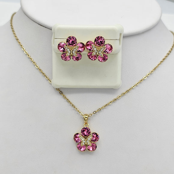 Sets - 14K Gold Plated. Butterfly Flower Pink Crystals - Pendant - Chain - Earrings *Premium Q*