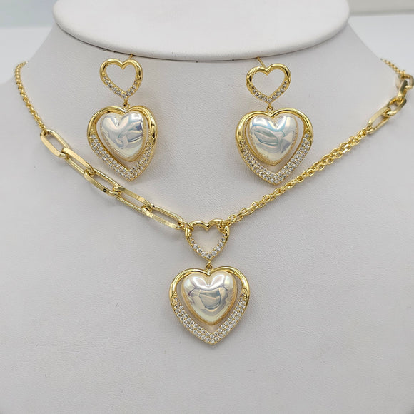Sets - 14K Gold Plated.  Heart Pendant Fancy Necklace - Earrings Set. *Premium Q*