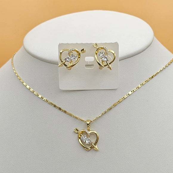 Sets - 14K Gold Plated.  Arrow through Heart Pendant Chain Earrings Set. *Premium Q*