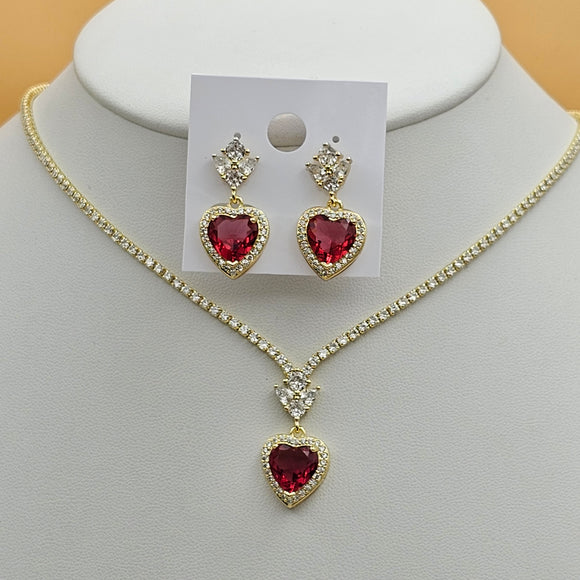 Sets - 14K Gold Plated.  Red Heart Necklace - Earrings Set. *Premium Q*