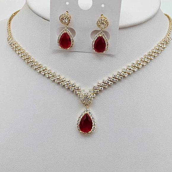 Sets - 14K Gold Plated.  Red Tear Drop Crystal Necklace - Earrings Set. *Premium Q*