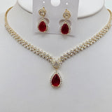 Sets - 14K Gold Plated.  Red Tear Drop Crystal Necklace - Earrings Set. *Premium Q*