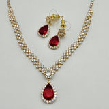 Sets - 14K Gold Plated.  Red Tear Drop Crystal Necklace - Earrings Set. *Premium Q*