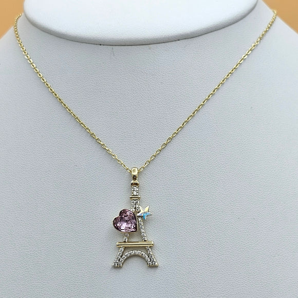 Necklace - 14K Color Gold Plated. Eiffel Tower- with heart and Star. Premium Q